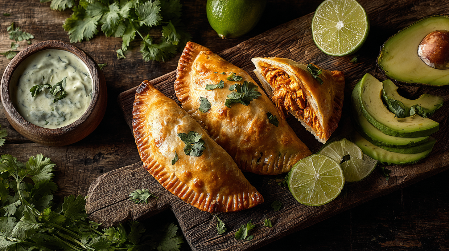Keto chicken empanada with spicy filling and crema dip