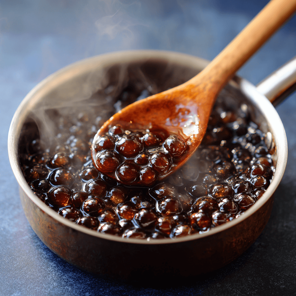 Tapioca pearls cooking in brown sugar syrup