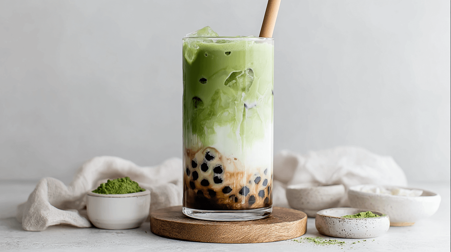 Iced matcha boba milk tea with oat milk and tapioca pearls