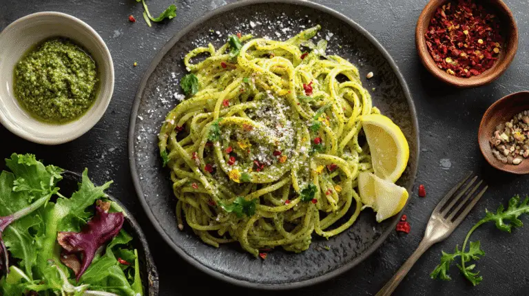 Moringa pesto spaghetti topped with lemon zest, red pepper flakes, and parmesan, served with fresh greens and lemon wedges
