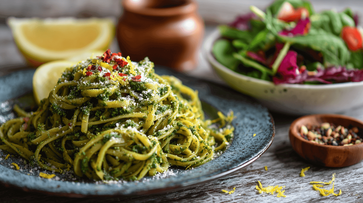 Bowl of moringa pesto pasta topped with lemon zest and chili flakes, next to a garden salad.