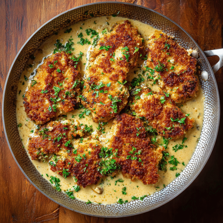 The Ultimate Parmesan Crusted Chicken with Creamy Garlic Sauce (Easy 30-Minute Recipe) 2 Golden brown Parmesan crusted chicken with a creamy garlic sauce simmering in a black skillet