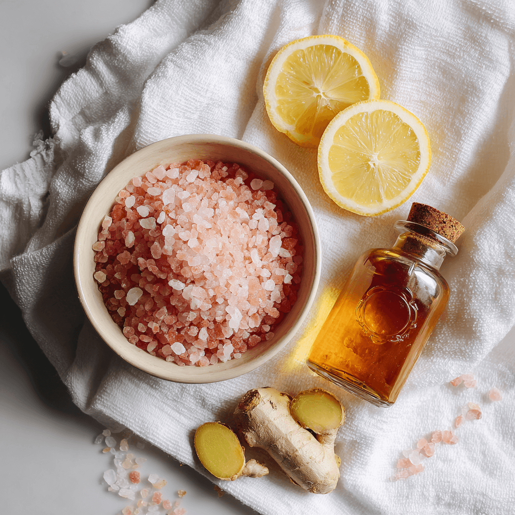 Himalayan pink salt crystals in a bowl with lemon slices, ginger root and a small honey bottle on white linen