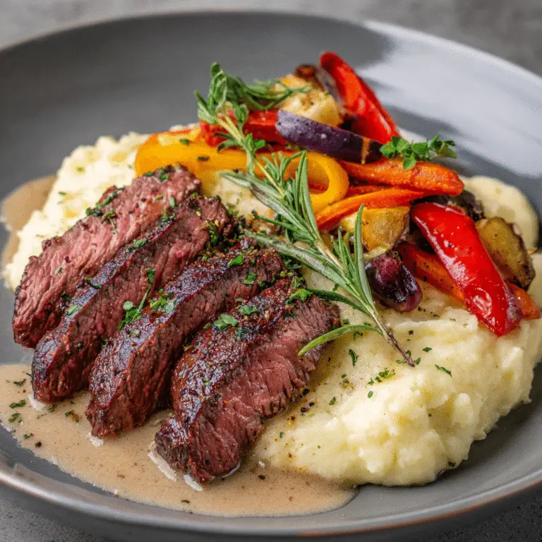 Beef Steak with Mashed Potatoes: Easy High-Protein Dinner & Perfect Sides 2 Plate of sliced beef steak next to a mound of creamy mashed potatoes, garnished with fresh herbs