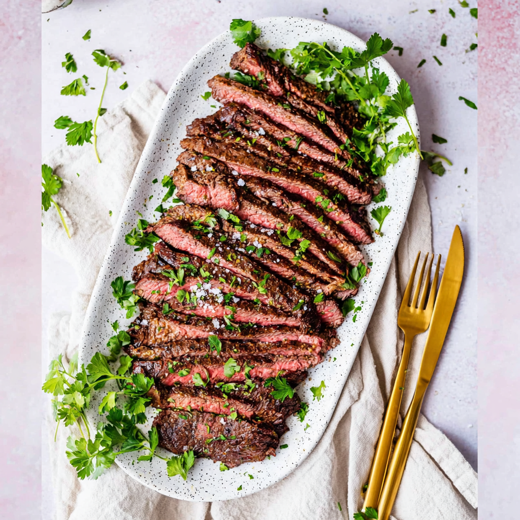 Served sous vide flank steak with sides