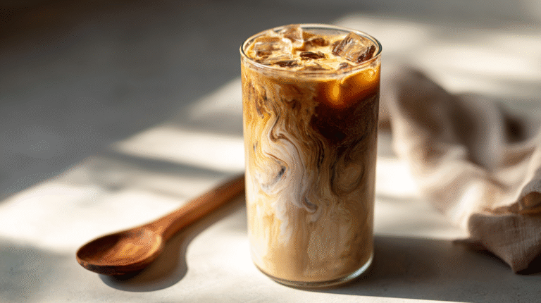 Tahini Iced Coffee: The Ultimate Guide to the Viral Creamy Drink 2 A tall glass of creamy tahini iced coffee with swirling layers of coffee and plant-based milk.