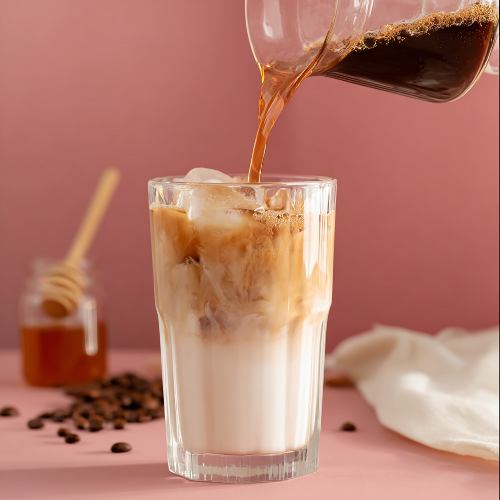 Pouring espresso into iced tahini coffee with creamy swirls.