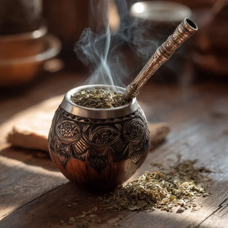 The Complete Guide to Yerba Mate: From Ancient Ritual to Modern Wellness 26 Traditional Hot Brew Yerba Mate in calabash gourd with silver bombilla on rustic wooden table