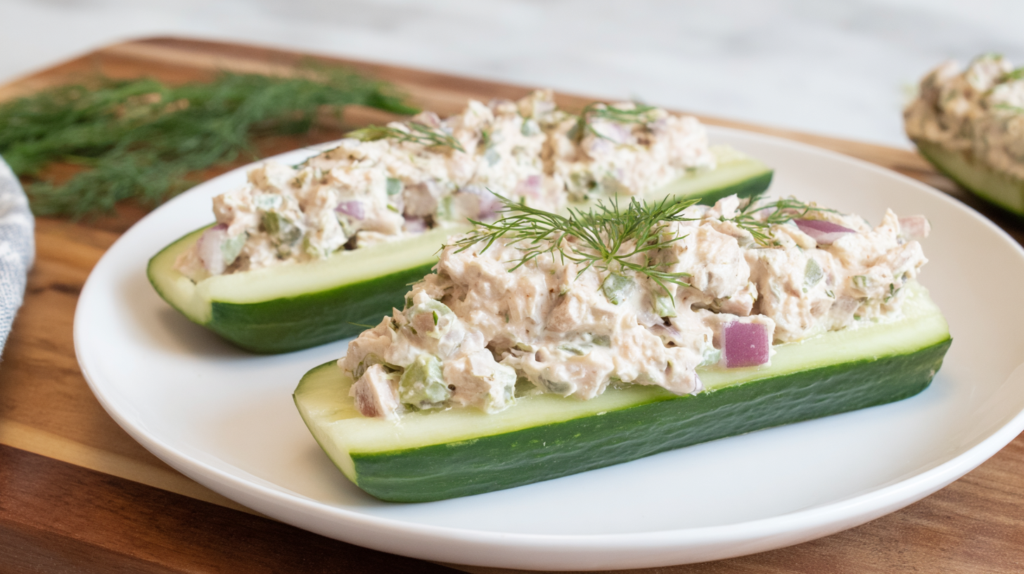 Tuna Salad Cucumber Boats on Serving Platter