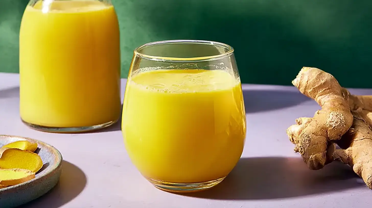Fresh lemon ginger shot in a glass with ginger root and turmeric slices on the side