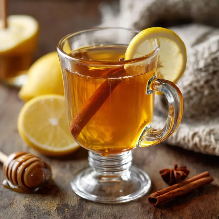 A finished glass of warm apple cider vinegar honey drink, garnished with a fresh lemon slice and ready to be served.