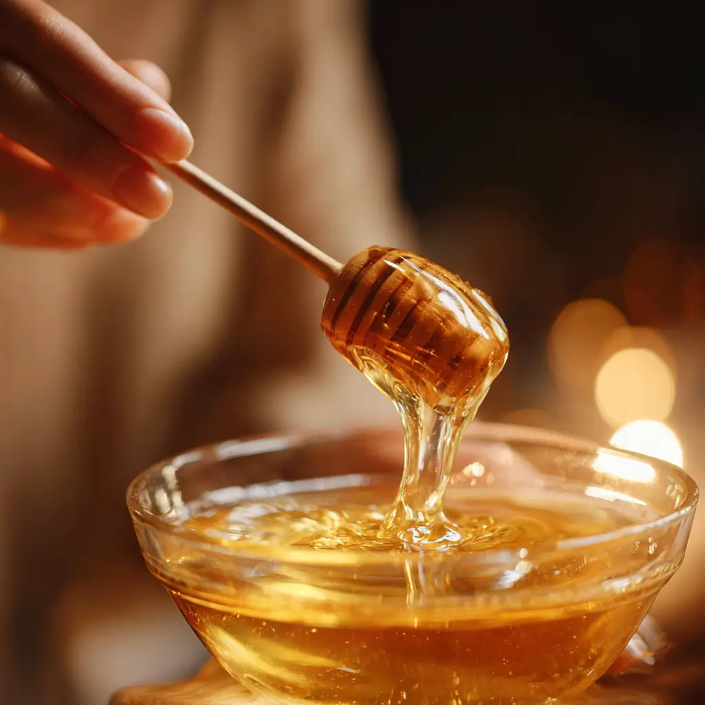 A close-up shot of raw honey being stirred into a warm glass of apple cider vinegar drink.