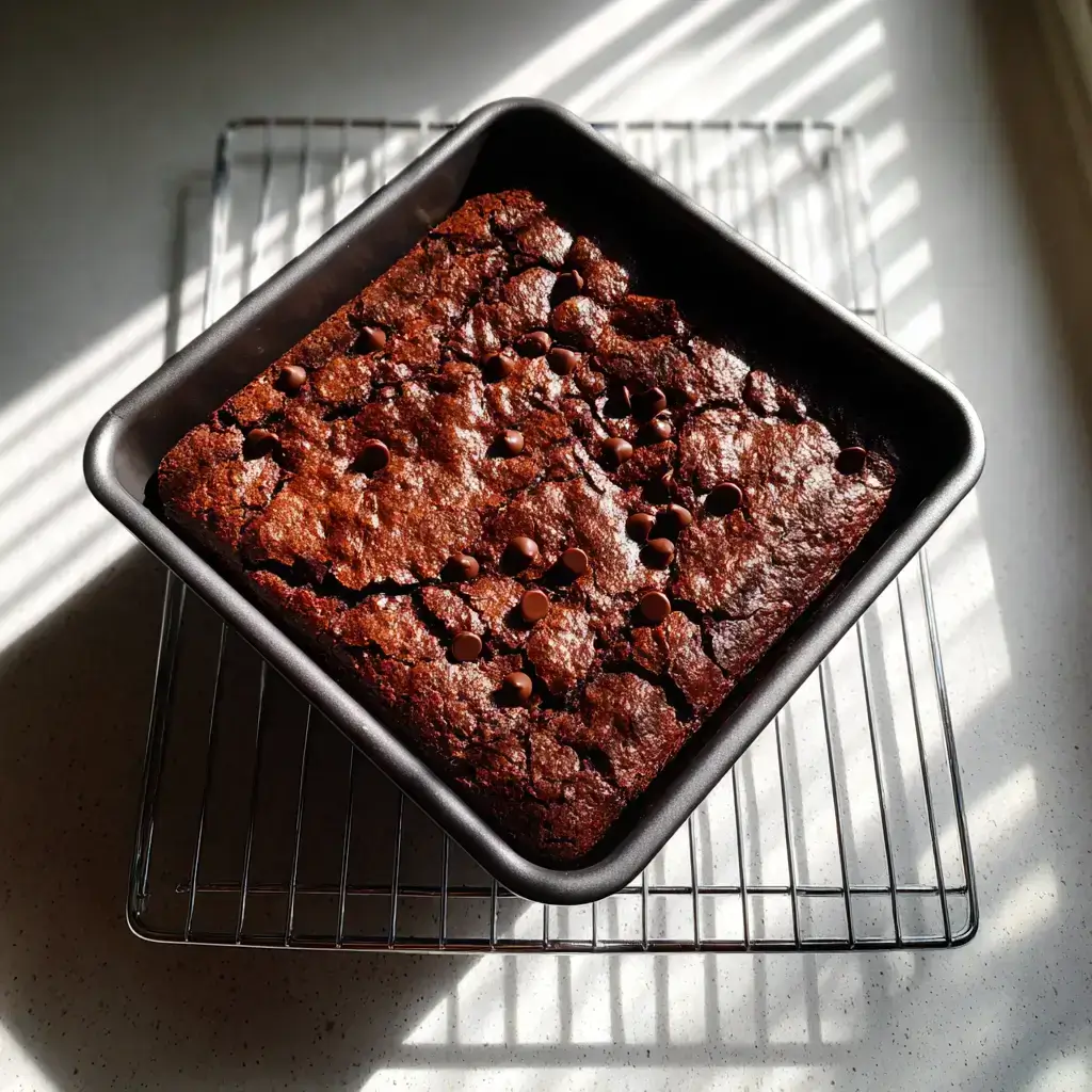 freshly baked flourless tahini brownies cooling in pan