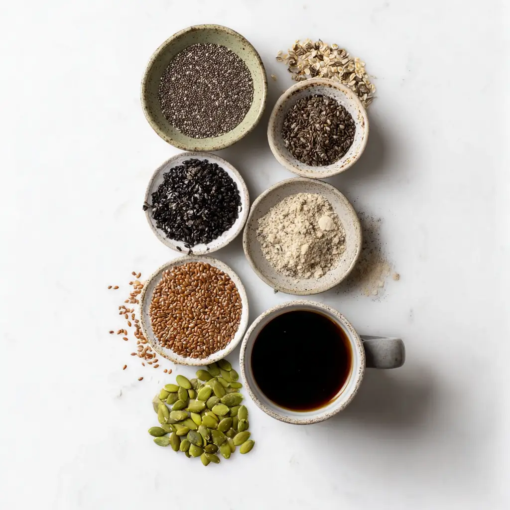Ingredients for bariatric seed coffee on white background.