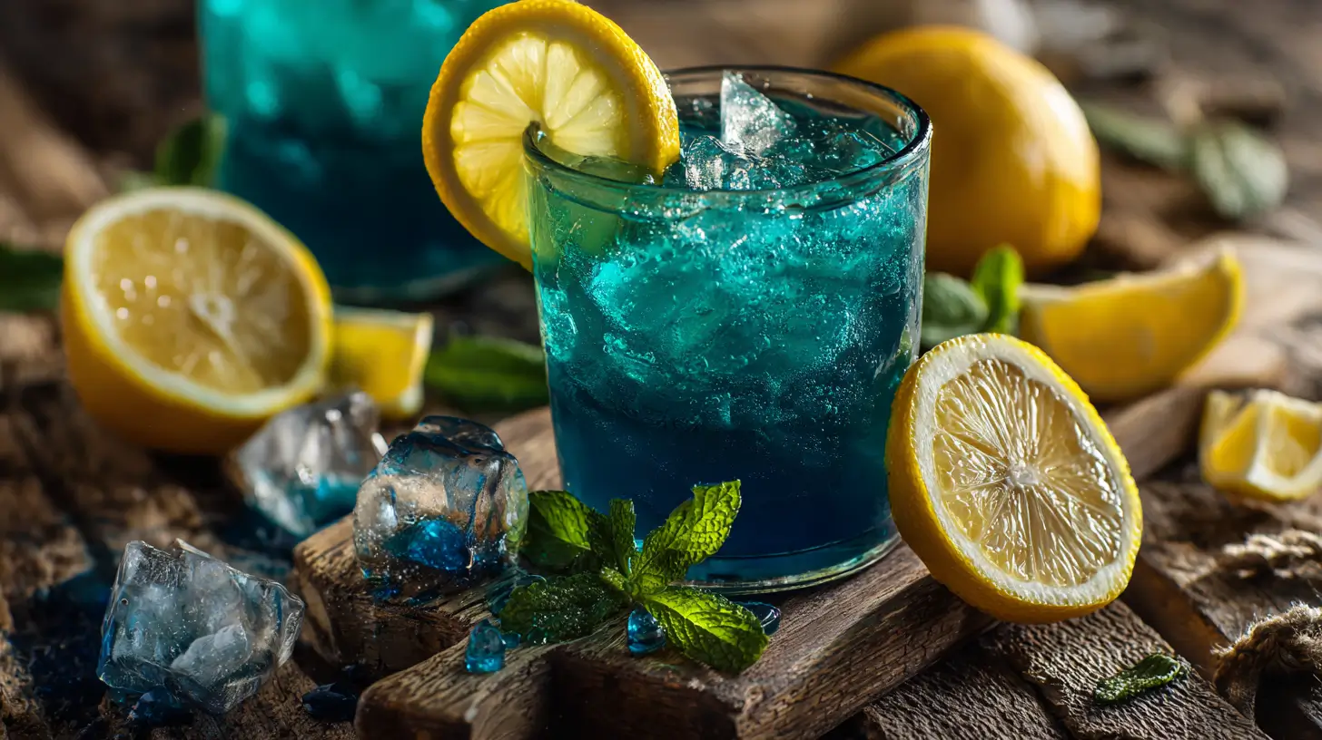 blue spirulina keto lemonade in a glass with lemons