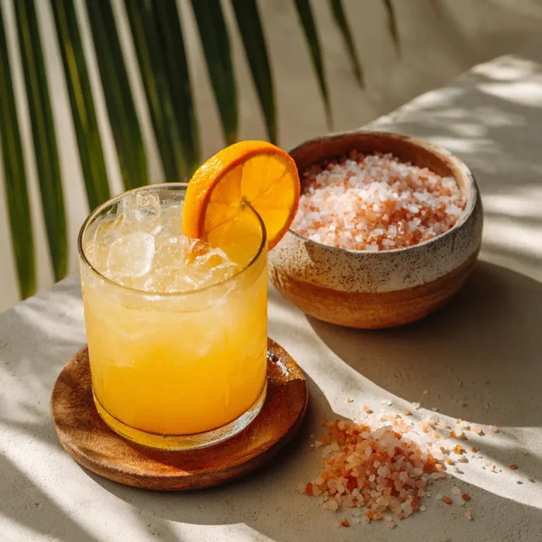 A glass of cortisol cocktail for weight loss garnished with a fresh orange slice on a bright, clean background