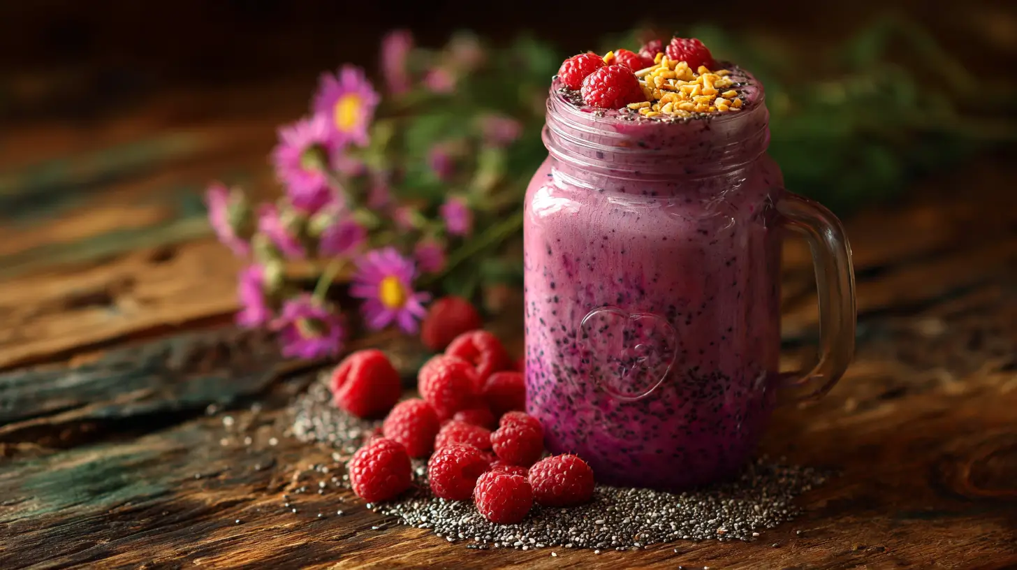 fibermaxxing smoothie in mason jar with chia and raspberries