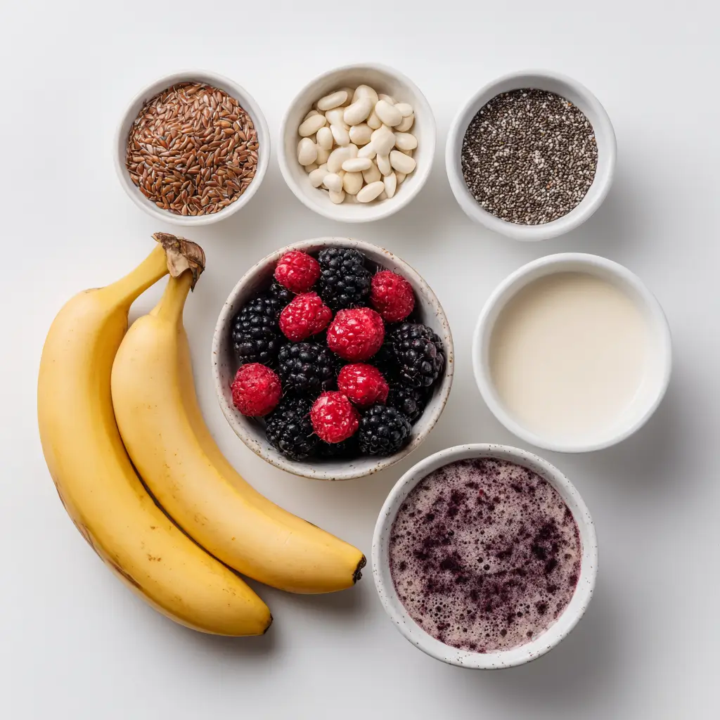 fibermaxxing smoothie ingredients on white background