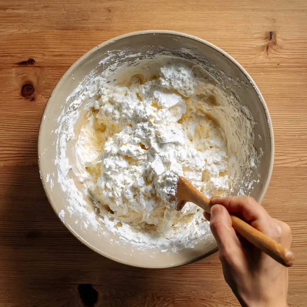 folding whipped egg whites into smooth cottage cheese batter with a spatula.