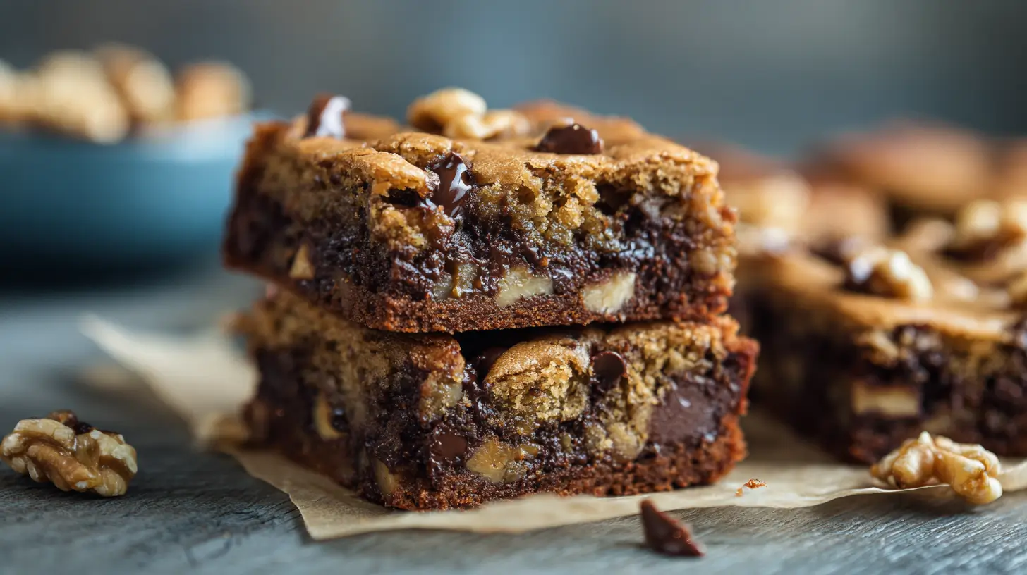 fudgy gluten-free chickpea blondies with chocolate chunks and walnuts