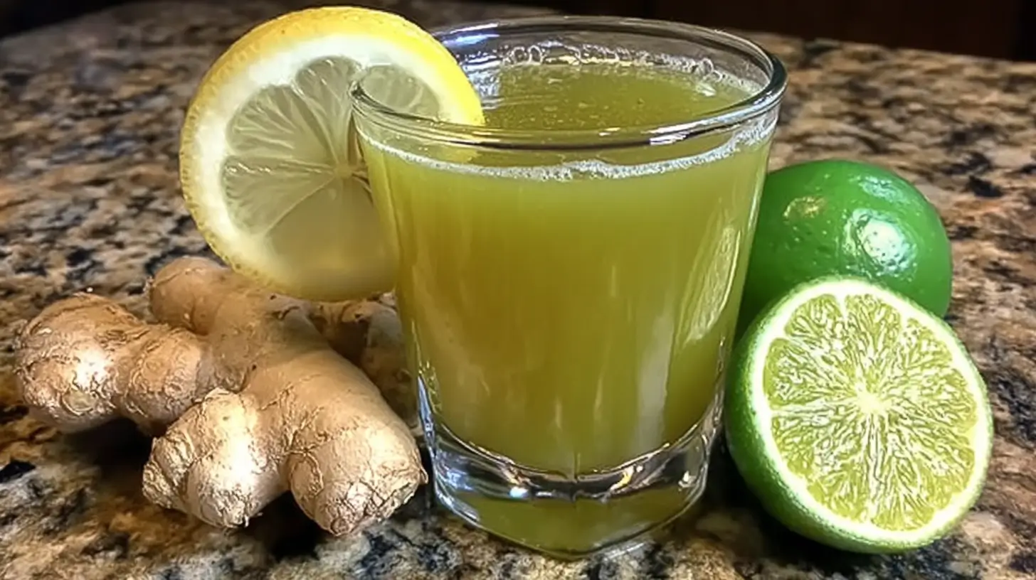 green tea fat burner drink with lime, ginger, and lemon on granite counter