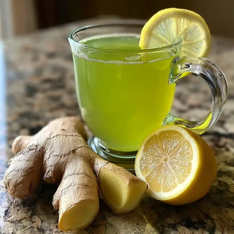 A refreshing green tea fat burner drink in a glass with lemon slices and fresh ginger on a granite table, illustrating a healthy lifestyle.
