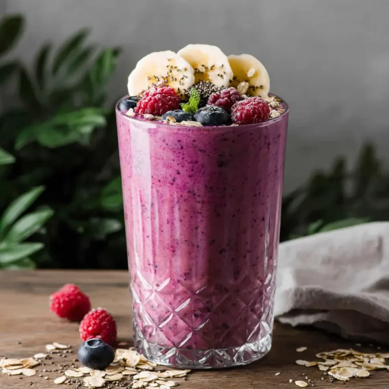 High fiber smoothie served in a glass has descriptive alt text, such as A creamy purple high fiber smoothie in a glass, topped with fresh berries and chia seeds.