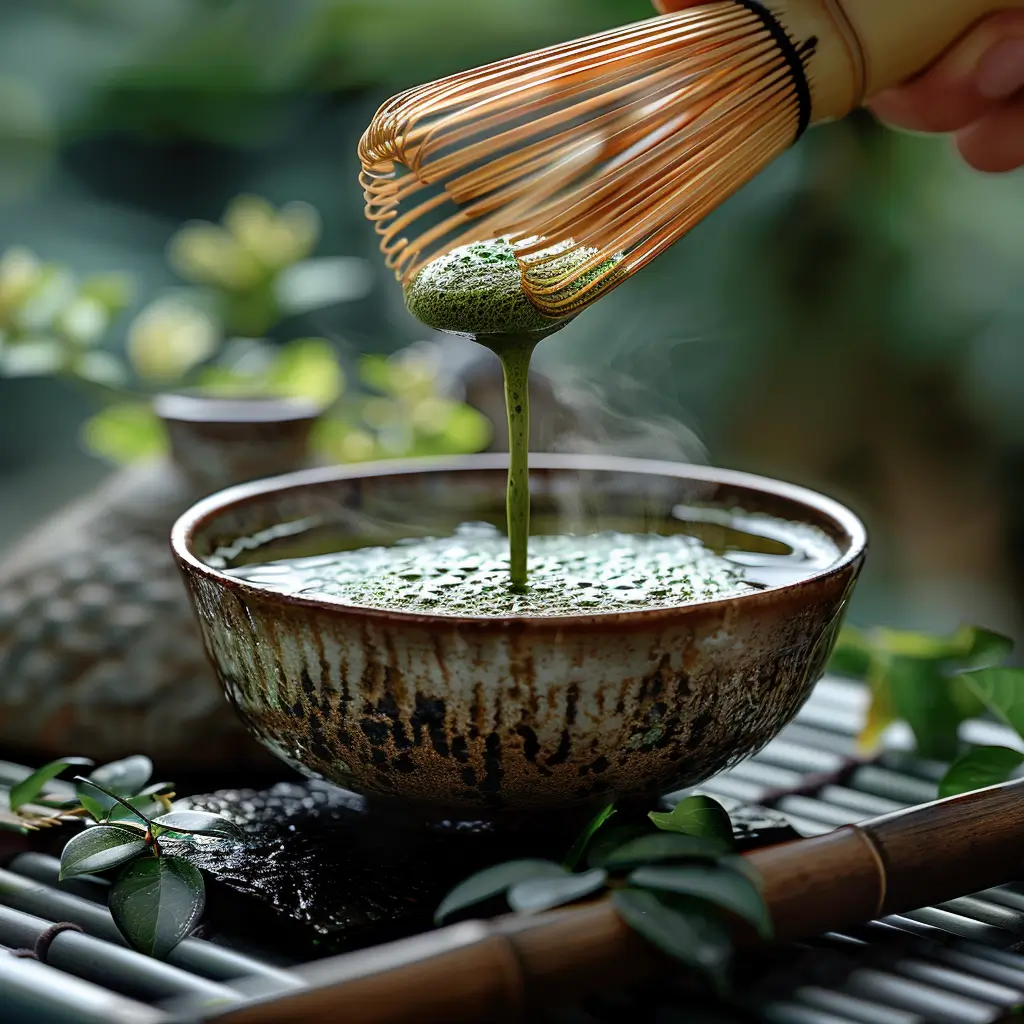 Whisking matcha for Japanese Mounjaro Detox Drink in a chawan bowl with kombu on the side