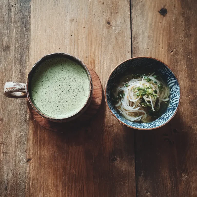 A vibrant green Japanese Mounjaro detox drink next to a hearty satiety bowl with shirataki noodles on a rustic wooden table.