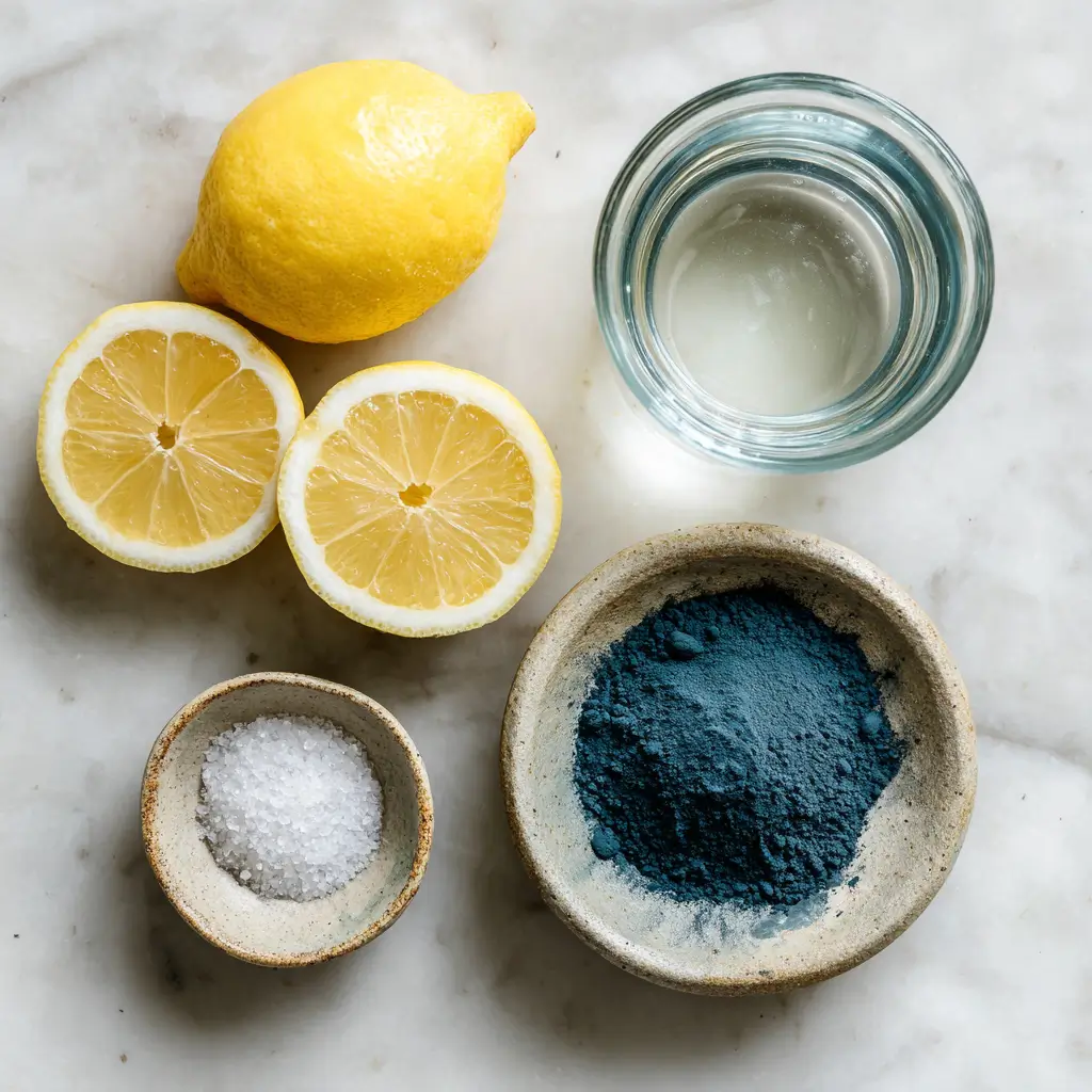 Ingredients for keto blue spirulina lemonade including fresh lemons, monk fruit sweetener, and blue spirulina powder.