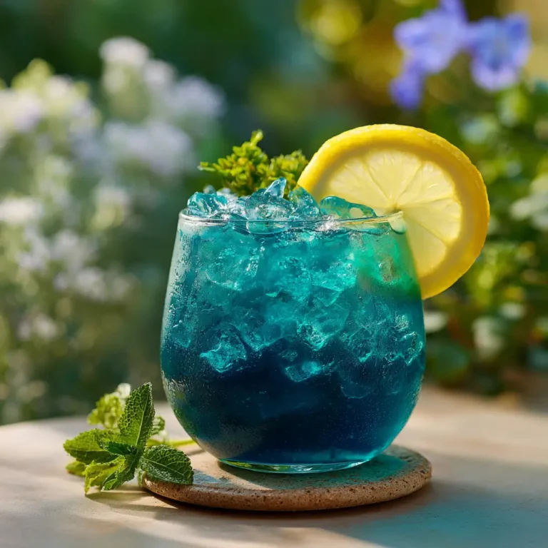 A glass of homemade keto blue spirulina lemonade served over ice with a fresh mint garnish.