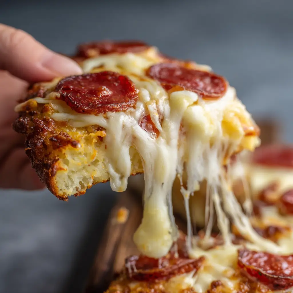 a single slice of crispy keto cloud bread pizza with pepperoni and melted cheese.