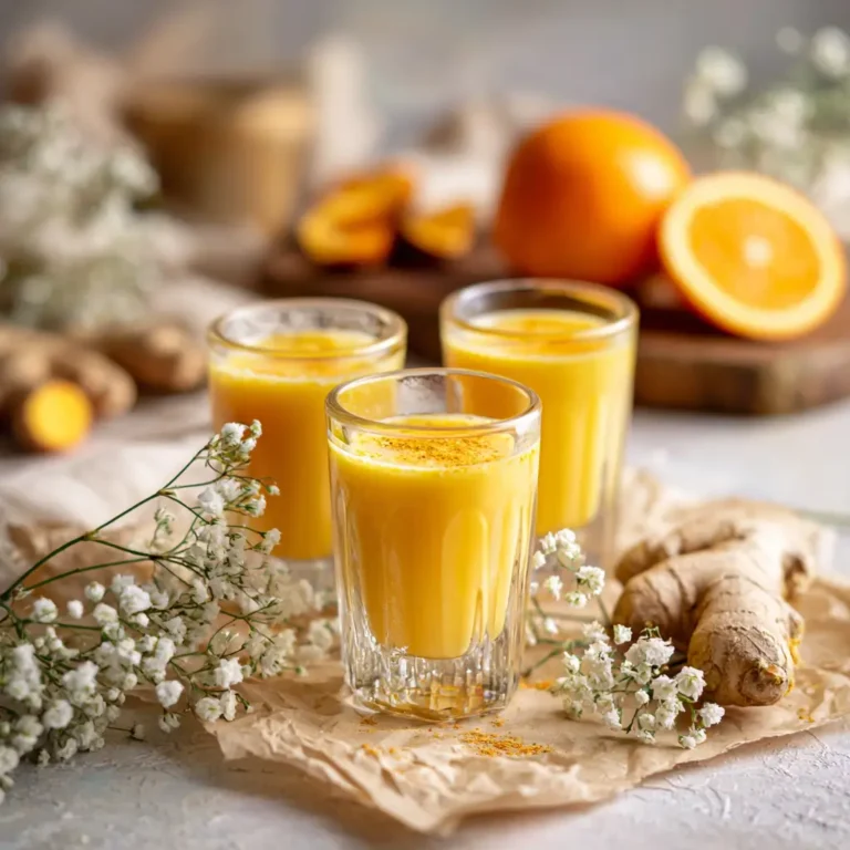 Homemade lemon ginger turmeric shots in glasses with fresh ginger, turmeric, and orange slices