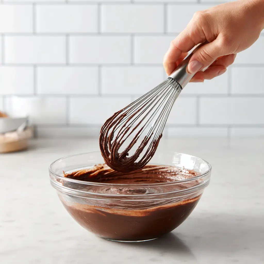 Mixing glossy chocolate batter in a glass bowl for mochi brownies.