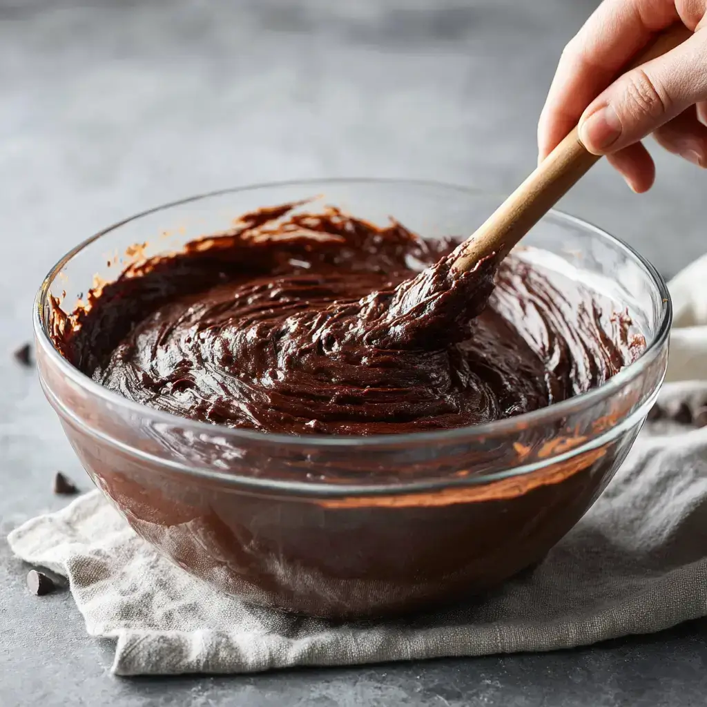 mixing flourless tahini brownie batter with chocolate chips