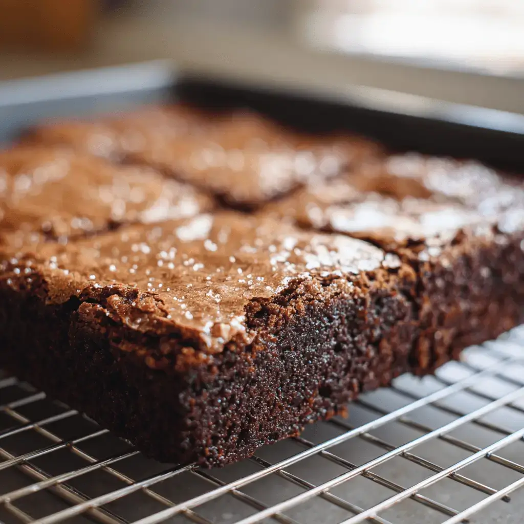 A batch of perfectly baked gluten-free mochi brownies cooling in a pan, ready to be sliced.