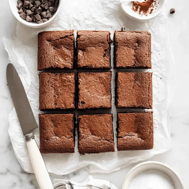 A pan of freshly baked mochi brownies with a shiny crackly crust, cut into neat squares.