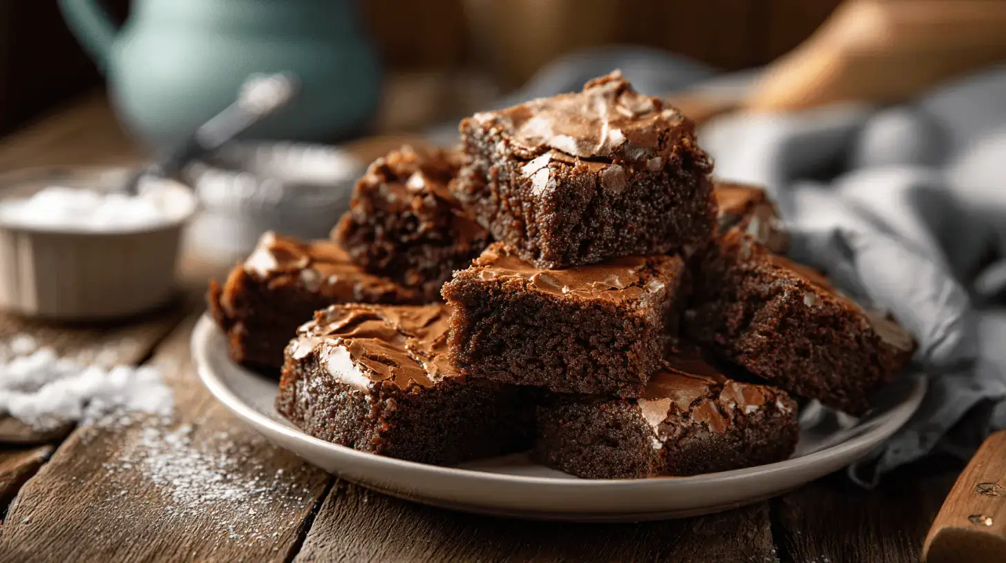 A close-up of gluten-free mochi brownies showing a shiny, crackly crust and a chewy, fudgy interior.