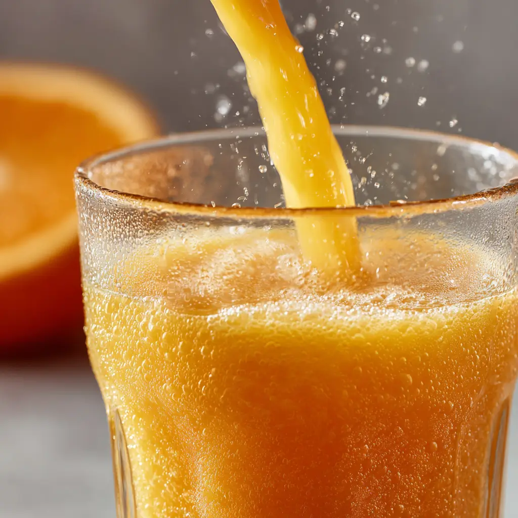 A hand pouring fresh orange juice into a glass to make a cortisol cocktail for weight loss