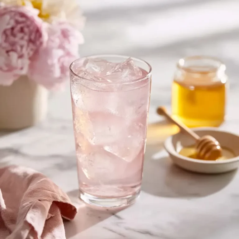 A tall glass of the salt and ice trick recipe, a pink drink with ice cubes, a lemon slice, and a drizzle of honey.