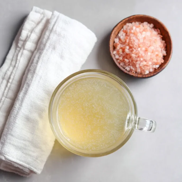 Completed salt water flush drink in a clear glass mug on a kitchen counter, ready for consumption