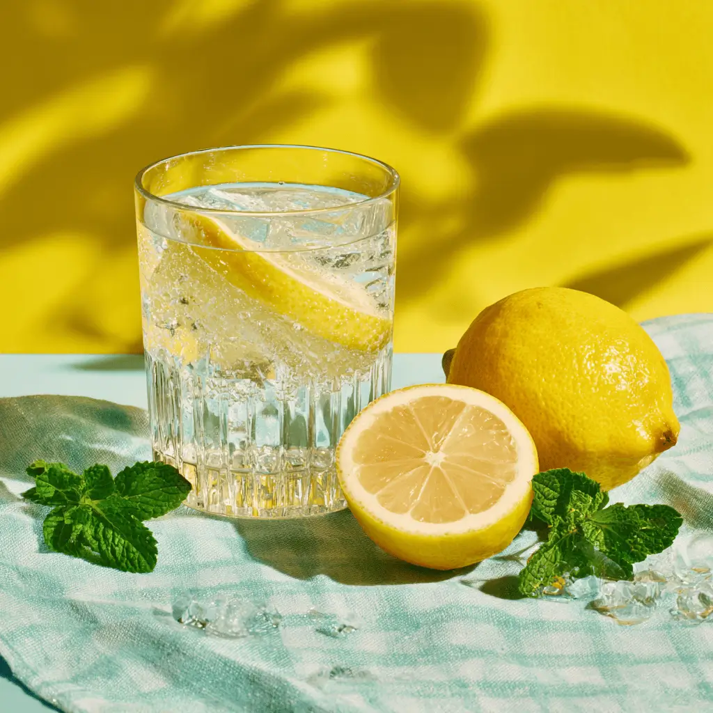 A glass of salt water with a slice of lemon, representing a gentler alternative to a full flush.