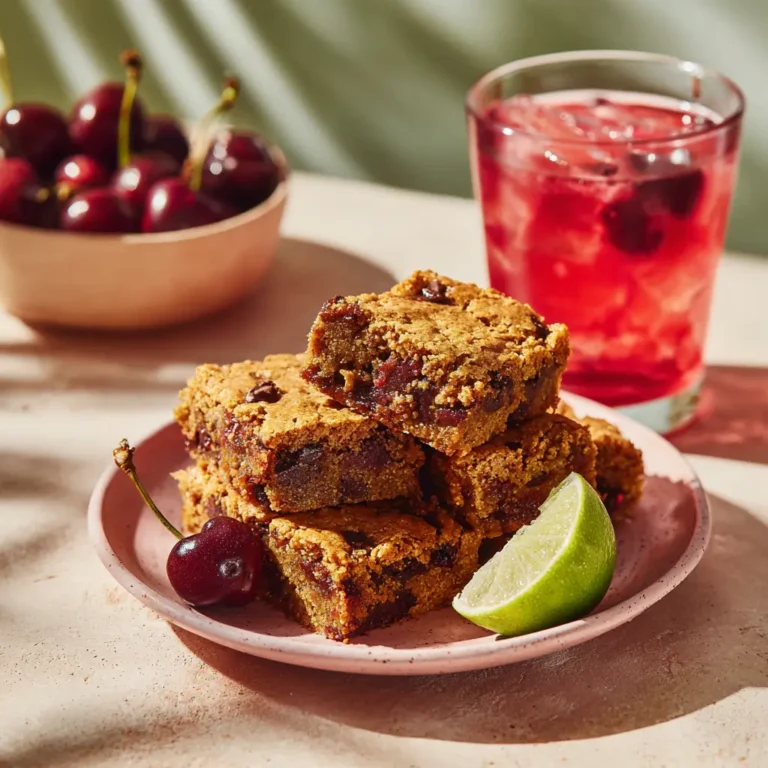 A plate of fudgy gluten-free chickpea blondies stacked next to a tall glass of cherry lime agua fresca.
