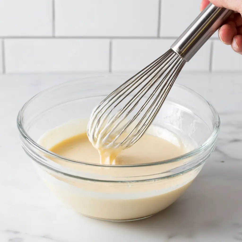 Whipping eggs and sugar in a glass bowl until pale and thick to create a meringue base for mochi brownies.