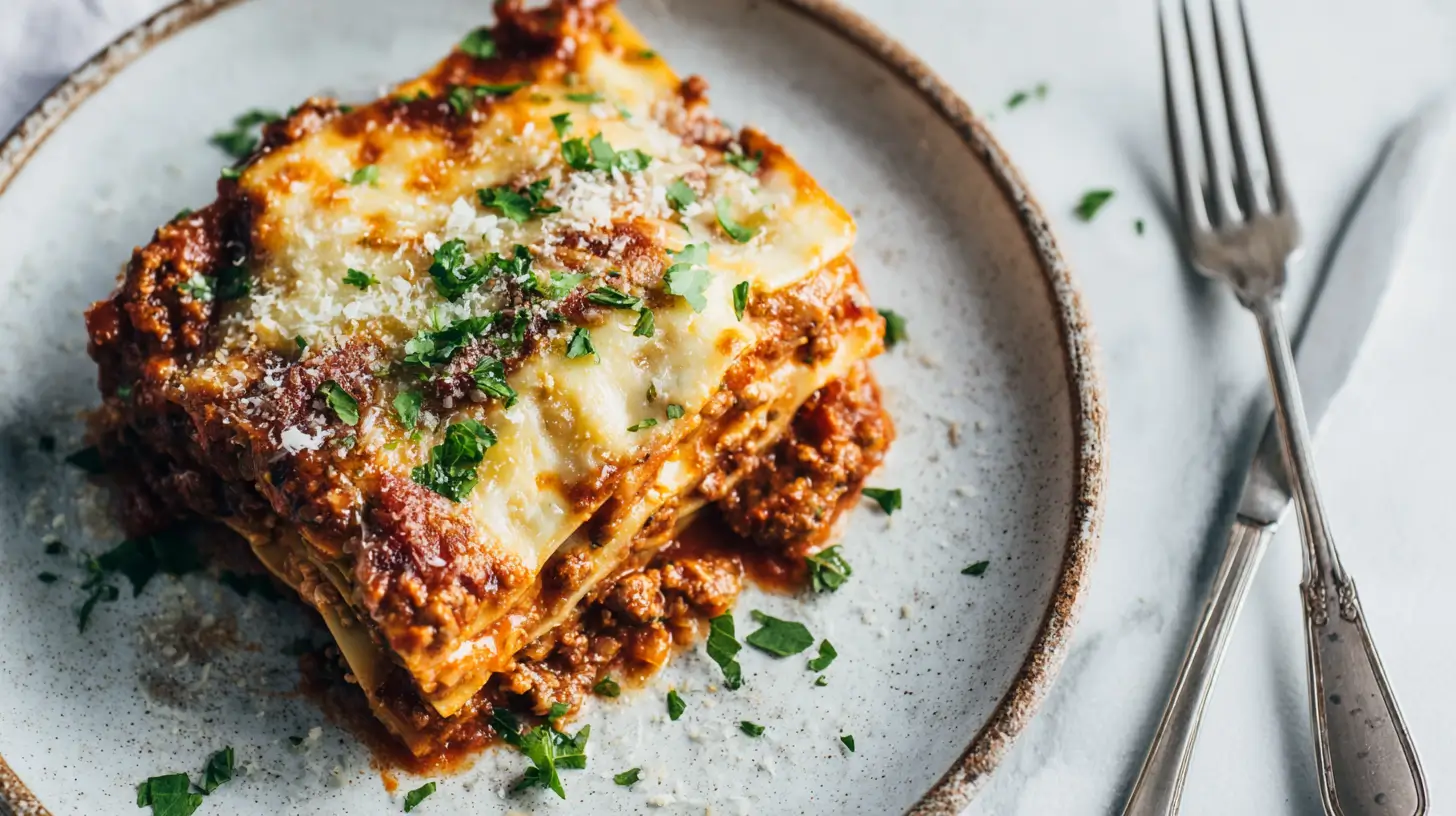 A serving of yuba sheet keto lasagna on a rustic plate, showing distinct layers of meat sauce, cheese, and yuba noodles.