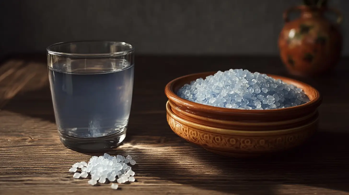 Blue Horse Salt Trick ingredients with glass of salt water and blue Persian