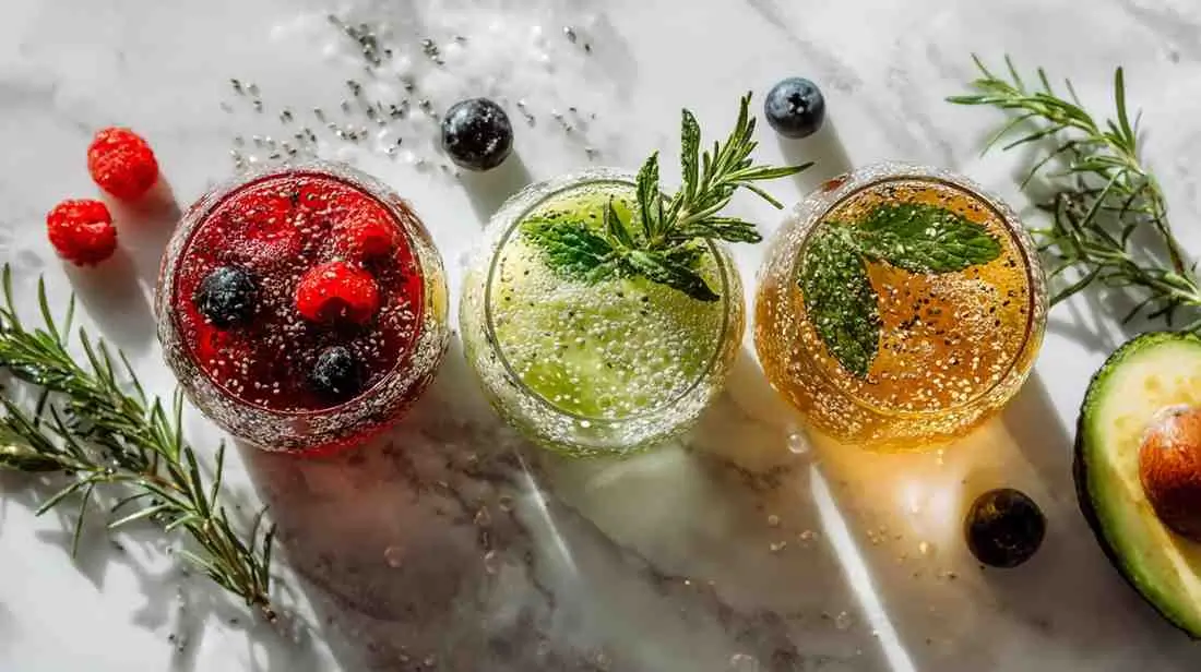 Functional GLP-1 mocktails in glass on marble table
