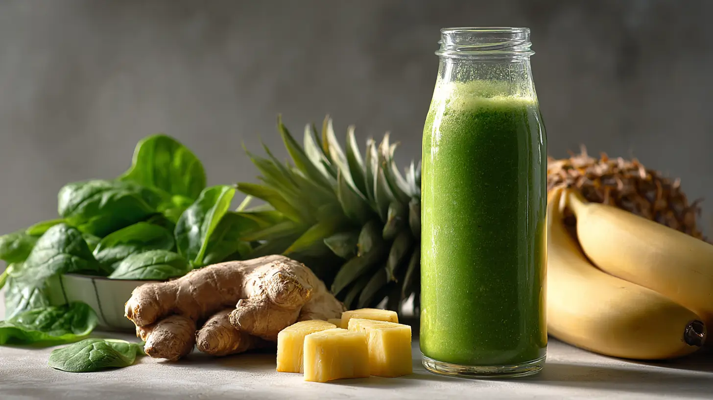 Green postbiotic smoothie with kefir and spinach in a glass, garnished with a mint leaf