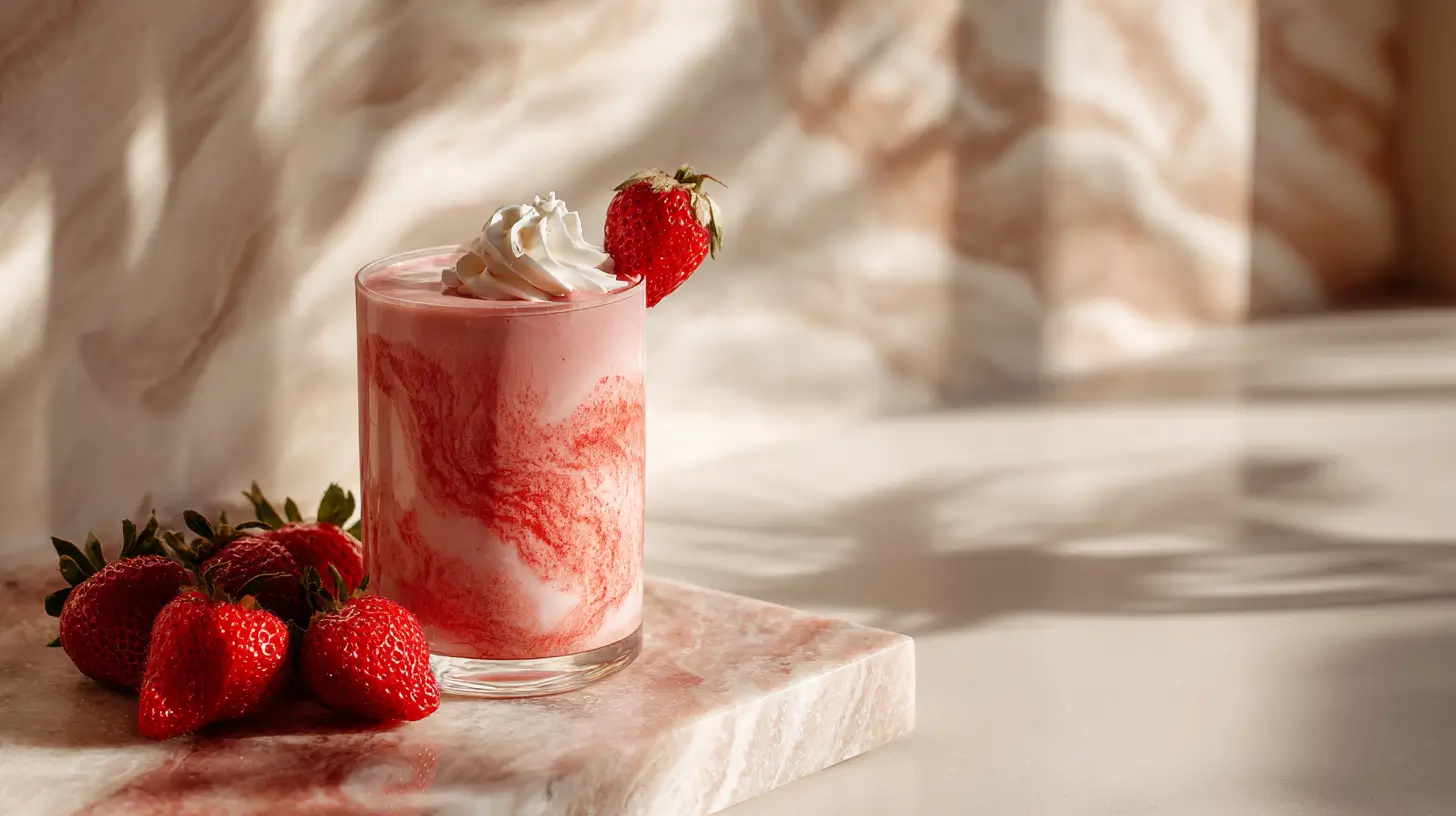 A glass of pink hyaluronic acid smoothie with strawberries and coconut cream on a white surface