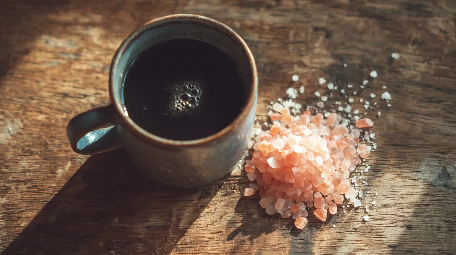 Pink salt coffee in ceramic mug with salt pile